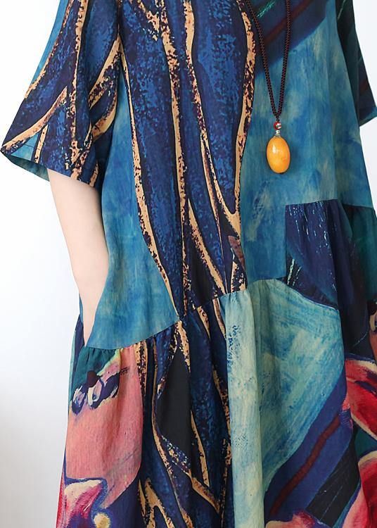 Italian blue print linen clothes o neck Extra large hem Dresses summer Dress Italian blue print linen clothes o neck Extra large hem Dresses summer Dress