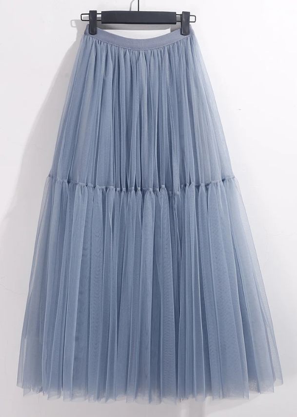 Loose Blue Solid High Waist Tulle Pleated Skirt Loose Blue Solid High Waist Tulle Pleated Skirt