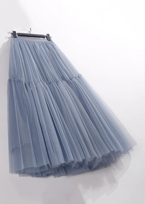 Loose Blue Solid High Waist Tulle Pleated Skirt Loose Blue Solid High Waist Tulle Pleated Skirt