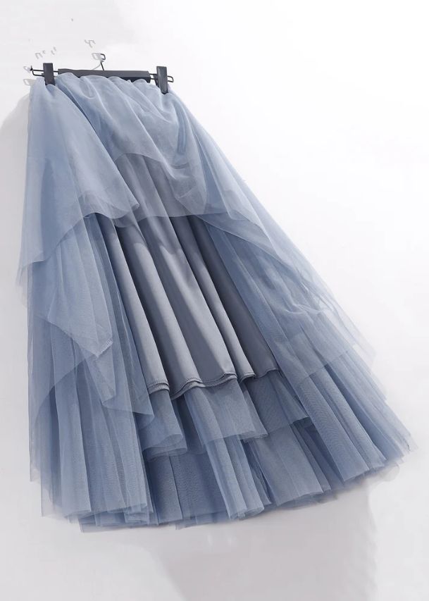 Loose Blue Solid High Waist Tulle Pleated Skirt Loose Blue Solid High Waist Tulle Pleated Skirt