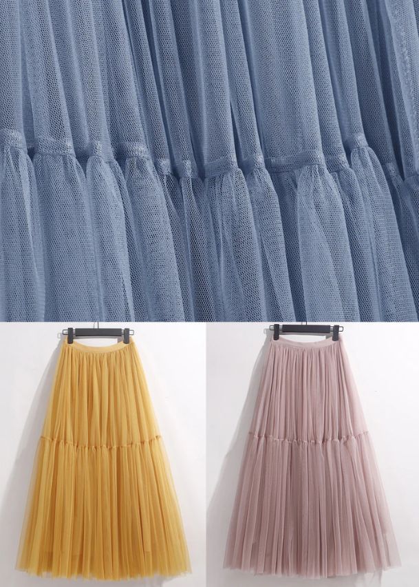 Loose Blue Solid High Waist Tulle Pleated Skirt Loose Blue Solid High Waist Tulle Pleated Skirt