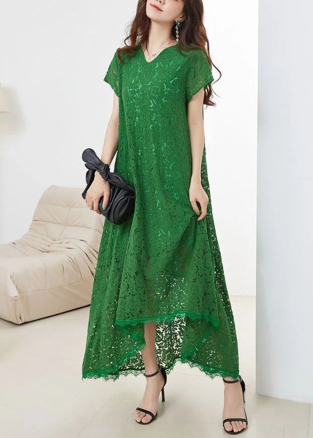 Loose Green V Neck Hollow Out Lace Dress Summer Loose Green V Neck Hollow Out Lace Dress Summer
