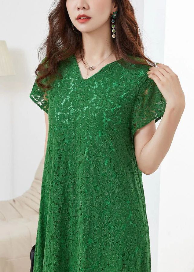 Loose Green V Neck Hollow Out Lace Dress Summer Loose Green V Neck Hollow Out Lace Dress Summer