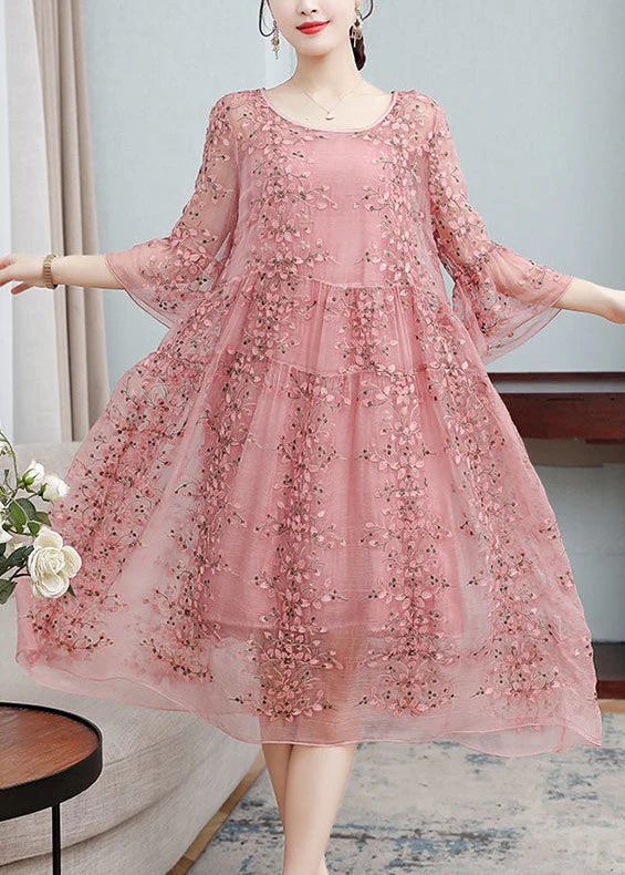Loose Pink Embroideried Ruffled Lace Up Silk Dresses Flare Sleeve Loose Pink Embroideried Ruffled Lace Up Silk Dresses Flare Sleeve