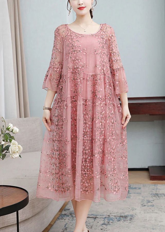 Loose Pink Embroideried Ruffled Lace Up Silk Dresses Flare Sleeve Loose Pink Embroideried Ruffled Lace Up Silk Dresses Flare Sleeve