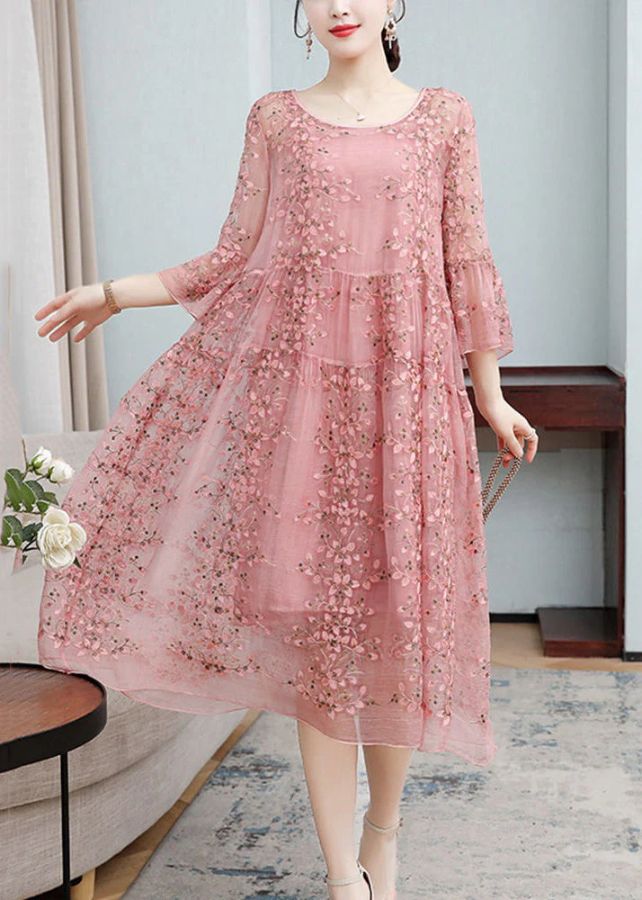 Loose Pink Embroideried Ruffled Lace Up Silk Dresses Flare Sleeve Loose Pink Embroideried Ruffled Lace Up Silk Dresses Flare Sleeve