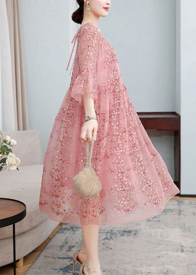 Loose Pink Embroideried Ruffled Lace Up Silk Dresses Flare Sleeve Loose Pink Embroideried Ruffled Lace Up Silk Dresses Flare Sleeve