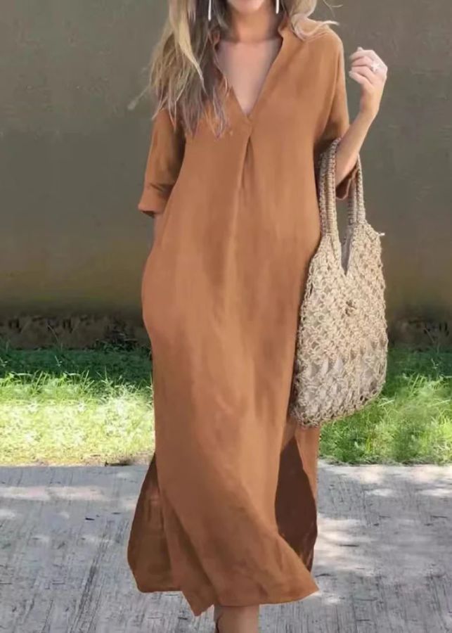 Loose Red V Neck Side Open Linen Holiday Dress Half Sleeve