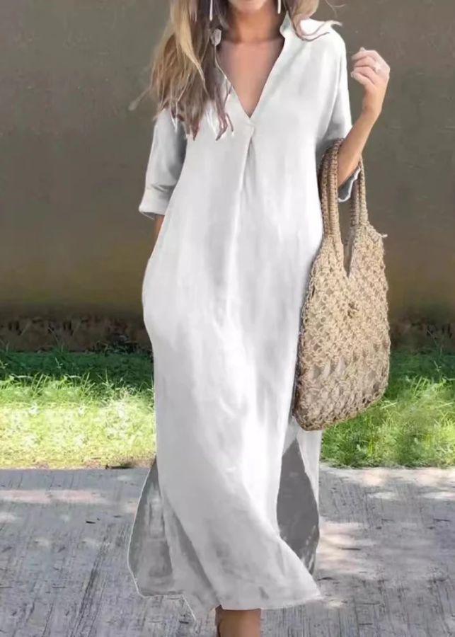 Loose Red V Neck Side Open Linen Holiday Dress Half Sleeve