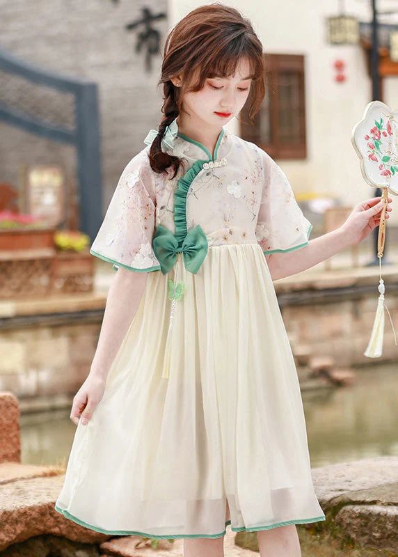 Lovely Stand Collar Ruffled Patchwork Floral Bow Tulle Kids Long Dress Short Sleeve Lovely Stand Collar Ruffled Patchwork Floral Bow Tulle Kids Long Dress Short Sleeve