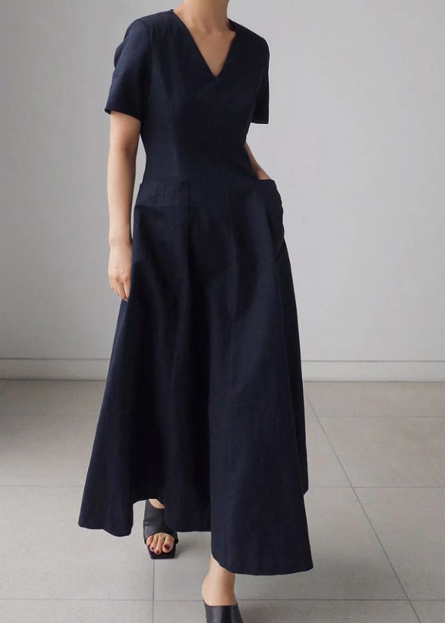 Navy Wrinkled Zippered Cotton Long Dresses Short Sleeve Navy Wrinkled Zippered Cotton Long Dresses Short Sleeve