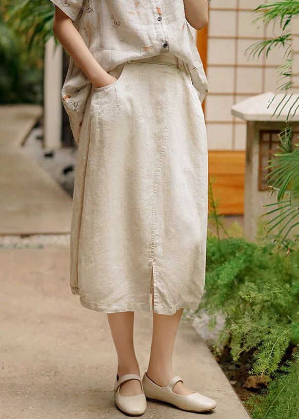 New Linen Wrinkled Pockets Elastic Waist Patchwork Linen Skirt Fall New Linen Wrinkled Pockets Elastic Waist Patchwork Linen Skirt Fall