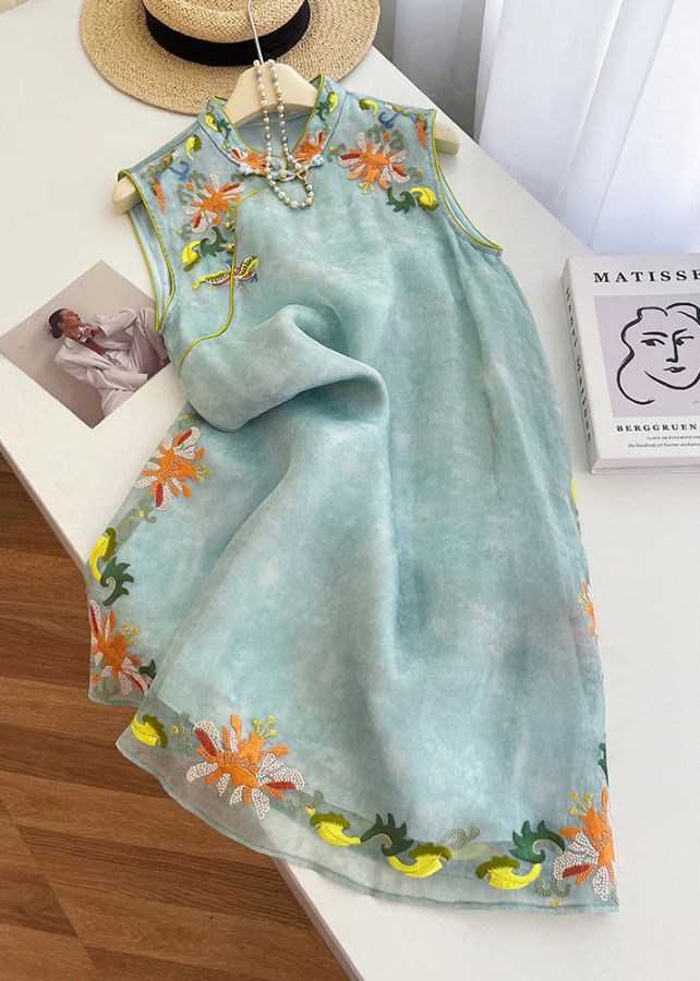 New Retro Sky Blue Embroidered Silk Oriental Dresses Sleeveless New Retro Sky Blue Embroidered Silk Oriental Dresses Sleeveless