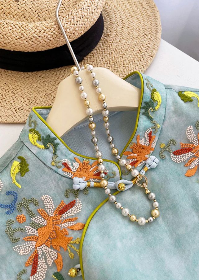 New Retro Sky Blue Embroidered Silk Oriental Dresses Sleeveless New Retro Sky Blue Embroidered Silk Oriental Dresses Sleeveless