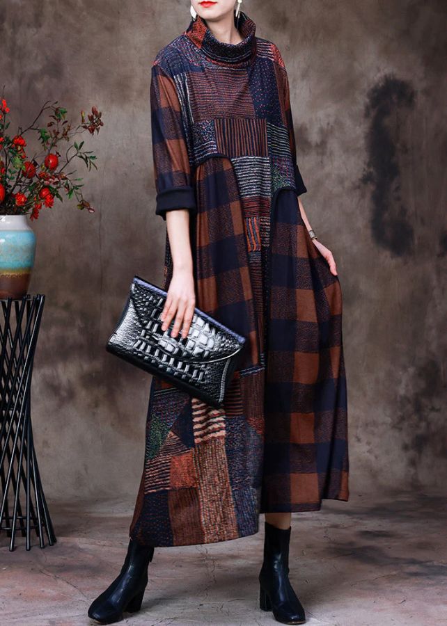 Plus Size Chocolate Turtleneck Plaid Patchwork Velour Maxi Dress Long Sleeve Plus Size Chocolate Turtleneck Plaid Patchwork Velour Maxi Dress Long Sleeve