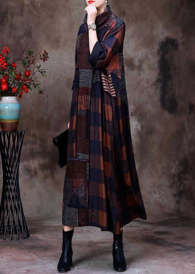Plus Size Chocolate Turtleneck Plaid Patchwork Velour Maxi Dress Long Sleeve Plus Size Chocolate Turtleneck Plaid Patchwork Velour Maxi Dress Long Sleeve