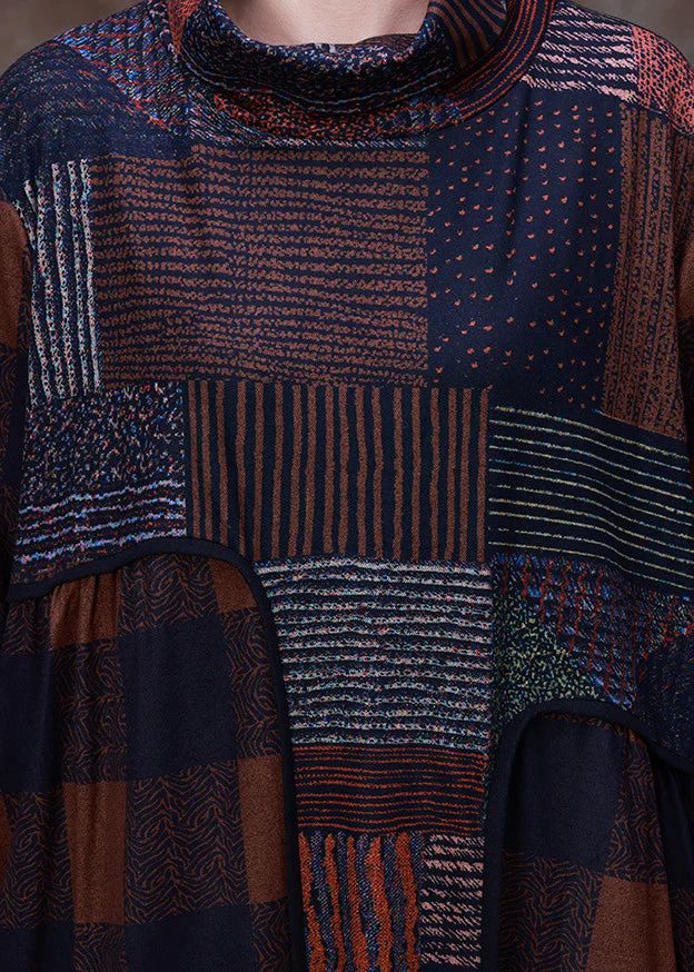 Plus Size Chocolate Turtleneck Plaid Patchwork Velour Maxi Dress Long Sleeve Plus Size Chocolate Turtleneck Plaid Patchwork Velour Maxi Dress Long Sleeve