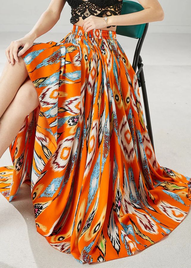 Plus Size Orange Elastic Waist Print Chiffon Skirt Spring Plus Size Orange Elastic Waist Print Chiffon Skirt Spring