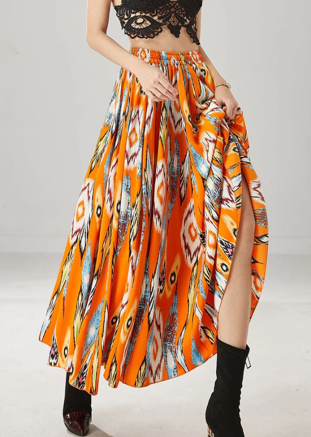 Plus Size Orange Elastic Waist Print Chiffon Skirt Spring Plus Size Orange Elastic Waist Print Chiffon Skirt Spring
