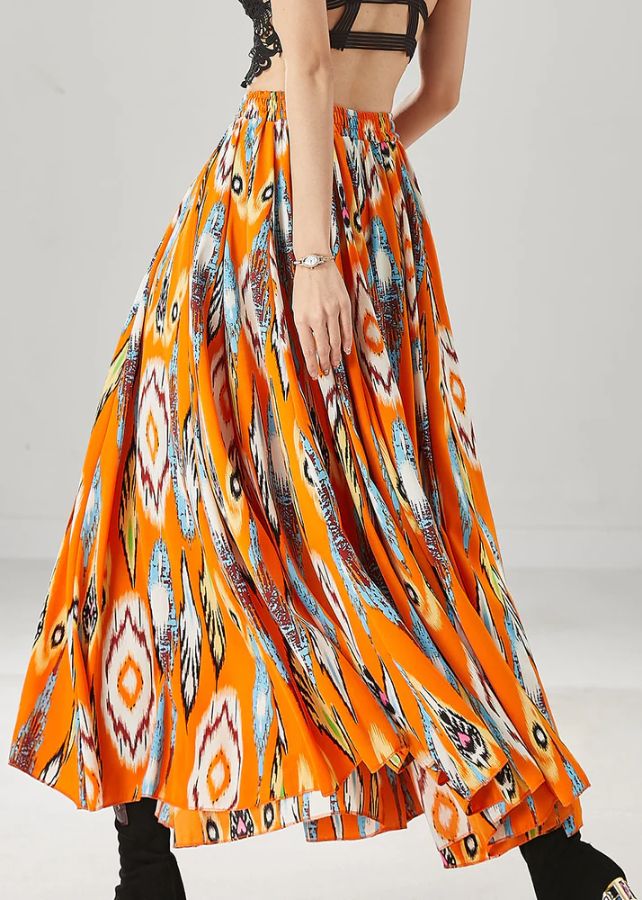 Plus Size Orange Elastic Waist Print Chiffon Skirt Spring Plus Size Orange Elastic Waist Print Chiffon Skirt Spring