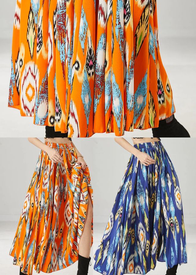 Plus Size Orange Elastic Waist Print Chiffon Skirt Spring Plus Size Orange Elastic Waist Print Chiffon Skirt Spring