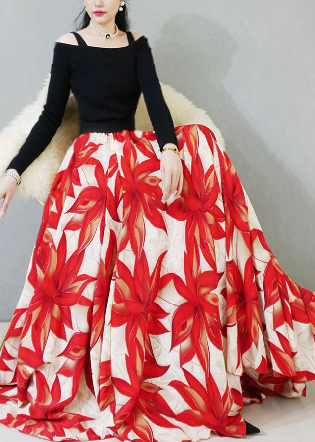 Red Print Chiffon Skirt Exra Large Hem Spring Red Print Chiffon Skirt Exra Large Hem Spring