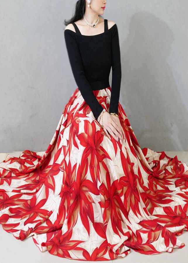 Red Print Chiffon Skirt Exra Large Hem Spring Red Print Chiffon Skirt Exra Large Hem Spring