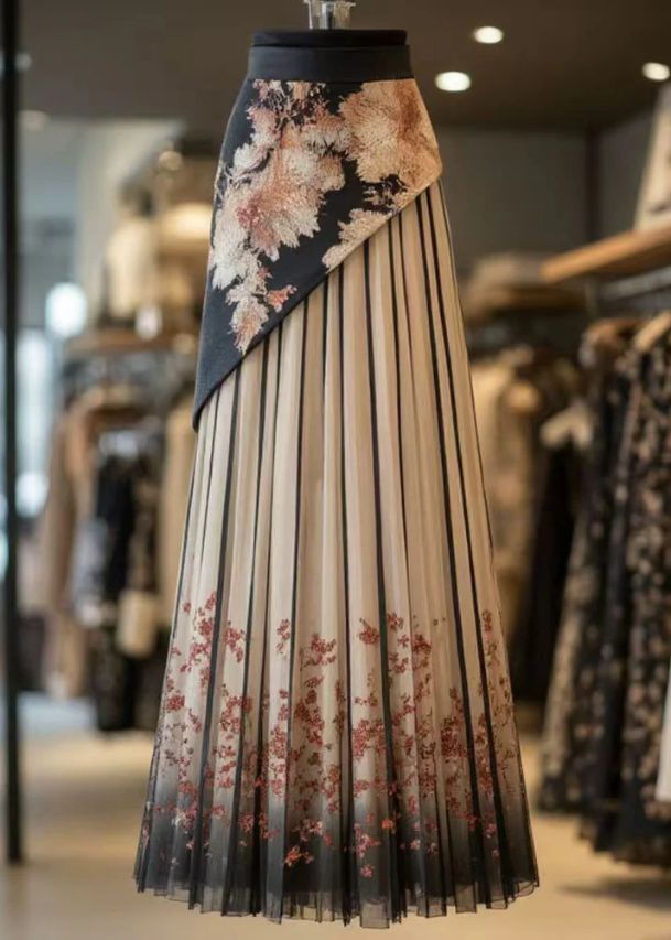 Retro Black Print Wrinkled Patchwork Chiffon Skirts Summer
