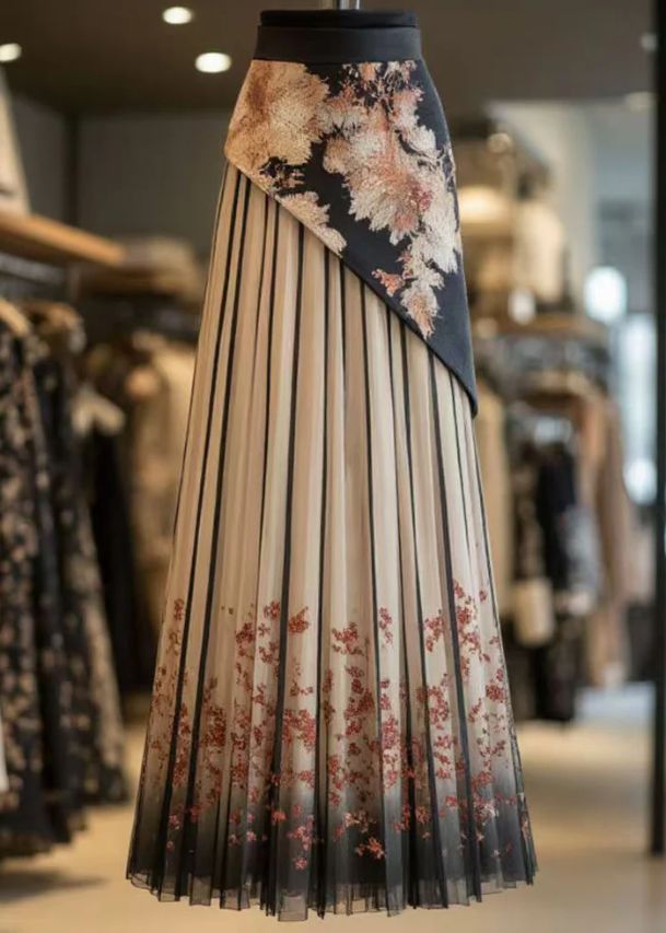 Retro Black Print Wrinkled Patchwork Chiffon Skirts Summer Retro Black Print Wrinkled Patchwork Chiffon Skirts Summer