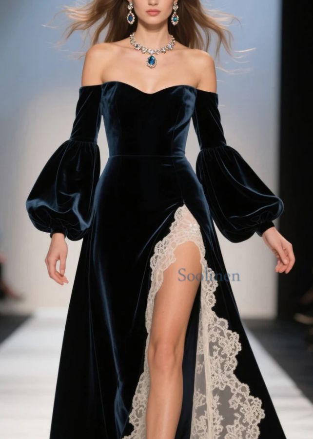 Sexy Cold Shoulder Lace Patchwork Velvet Dresses Spring