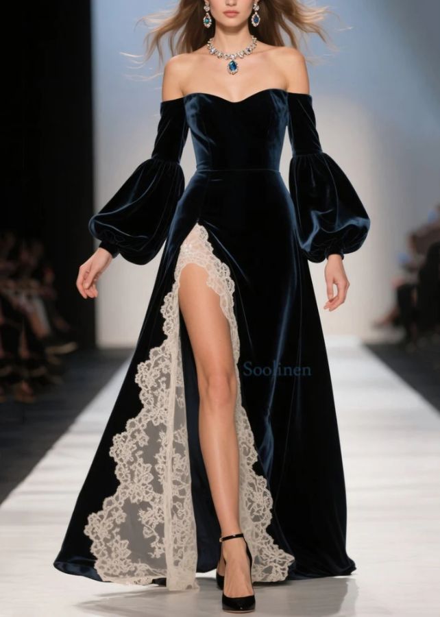 Sexy Cold Shoulder Lace Patchwork Velvet Dresses Spring