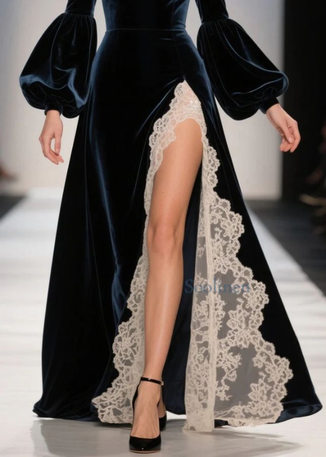 Sexy Cold Shoulder Lace Patchwork Velvet Dresses Spring