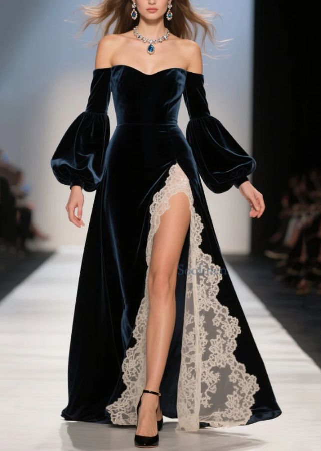 Sexy Cold Shoulder Lace Patchwork Velvet Dresses Spring