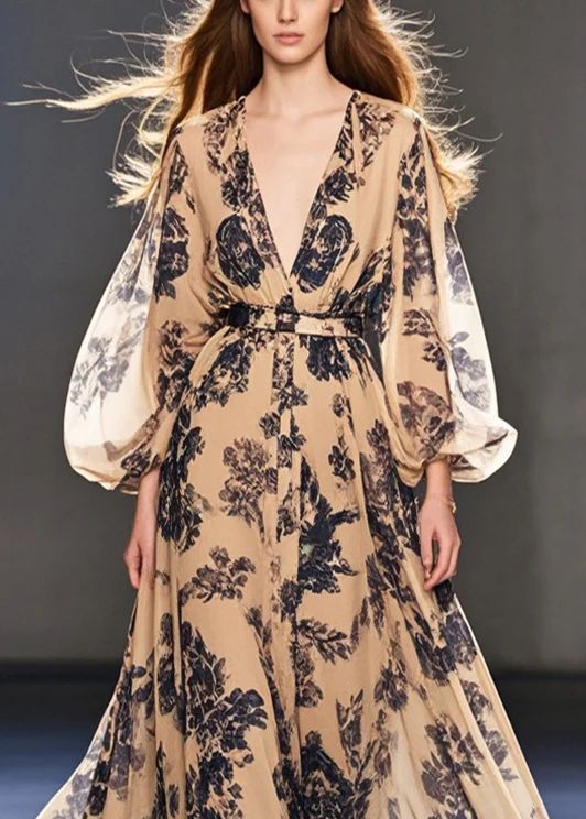 Simple Coffee Cinched Print Chiffon Ankle Dress Spring Simple Coffee Cinched Print Chiffon Ankle Dress Spring
