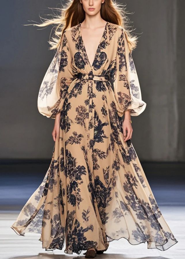 Simple Coffee Cinched Print Chiffon Ankle Dress Spring Simple Coffee Cinched Print Chiffon Ankle Dress Spring