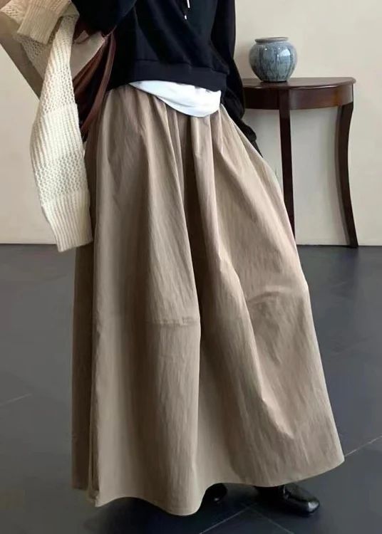 Simple Khaki Pockets Elastic Waist Cotton Skirts Fall