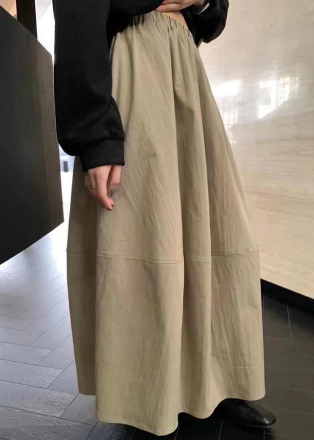 Simple Khaki Pockets Elastic Waist Cotton Skirts Fall Simple Khaki Pockets Elastic Waist Cotton Skirts Fall