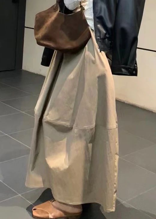 Simple Khaki Pockets Elastic Waist Cotton Skirts Fall Simple Khaki Pockets Elastic Waist Cotton Skirts Fall