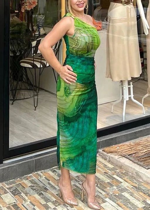 Slim Fit Green Cold Shoulder Print Cotton Long Dress Sleeveless Slim Fit Green Cold Shoulder Print Cotton Long Dress Sleeveless