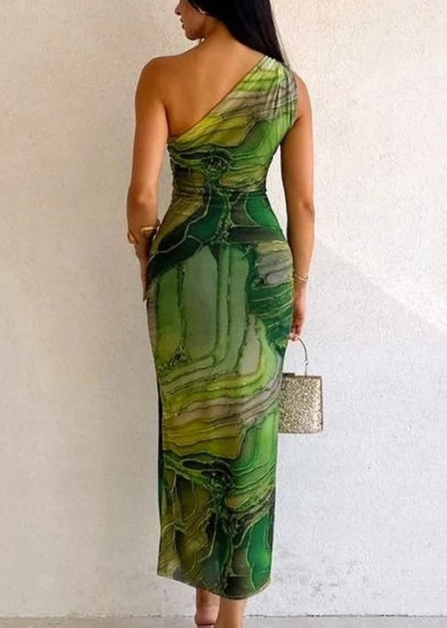 Slim Fit Green Cold Shoulder Print Cotton Long Dress Sleeveless Slim Fit Green Cold Shoulder Print Cotton Long Dress Sleeveless