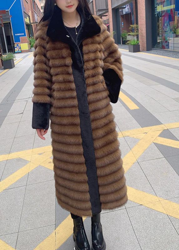 Style Coffee Peter Pan Collar Patchwork Leather And Fur Long Coats Spring Style Coffee Peter Pan Collar Patchwork Leather And Fur Long Coats Spring