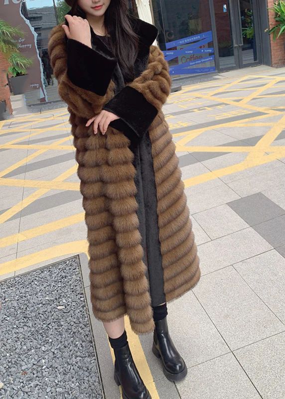 Style Coffee Peter Pan Collar Patchwork Leather And Fur Long Coats Spring Style Coffee Peter Pan Collar Patchwork Leather And Fur Long Coats Spring