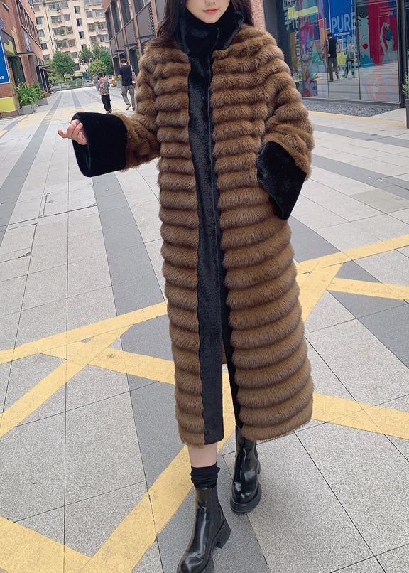 Style Coffee Peter Pan Collar Patchwork Leather And Fur Long Coats Spring Style Coffee Peter Pan Collar Patchwork Leather And Fur Long Coats Spring