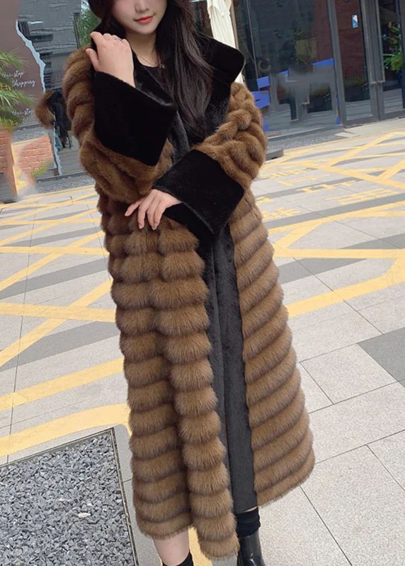 Style Coffee Peter Pan Collar Patchwork Leather And Fur Long Coats Spring Style Coffee Peter Pan Collar Patchwork Leather And Fur Long Coats Spring