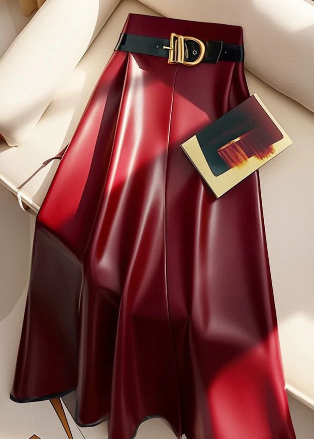 Stylish Red Sashes Solid High Waist Faux Leather Skirts Winter Stylish Red Sashes Solid High Waist Faux Leather Skirts Winter