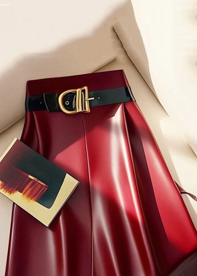 Stylish Red Sashes Solid High Waist Faux Leather Skirts Winter Stylish Red Sashes Solid High Waist Faux Leather Skirts Winter