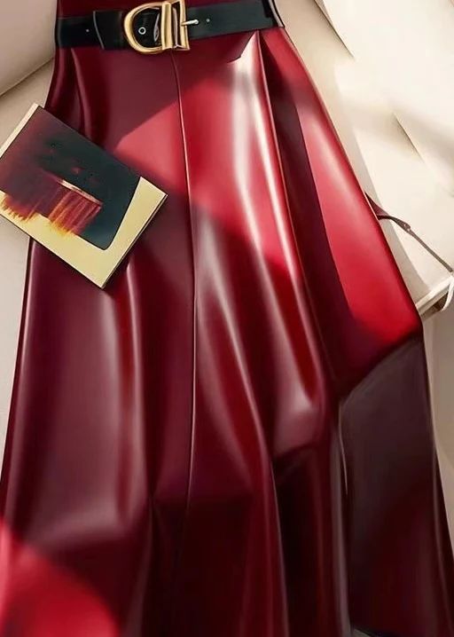 Stylish Red Sashes Solid High Waist Faux Leather Skirts Winter Stylish Red Sashes Solid High Waist Faux Leather Skirts Winter