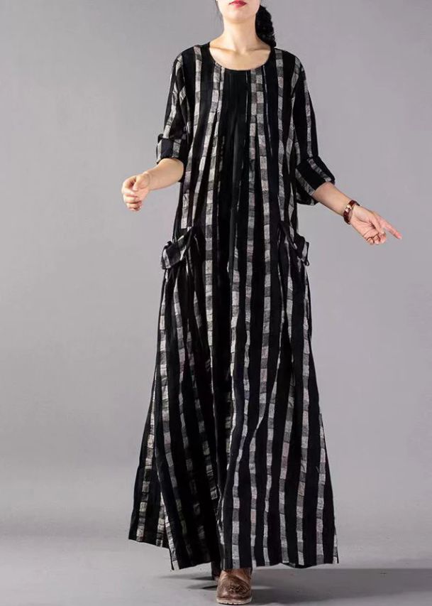 Vintage Black O-Neck Plaid Print Cotton Long Dresses Long Sleeve Vintage Black O-Neck Plaid Print Cotton Long Dresses Long Sleeve