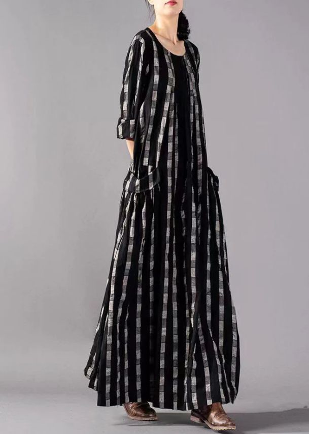 Vintage Black O-Neck Plaid Print Cotton Long Dresses Long Sleeve Vintage Black O-Neck Plaid Print Cotton Long Dresses Long Sleeve