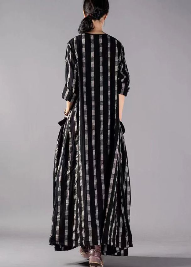Vintage Black O-Neck Plaid Print Cotton Long Dresses Long Sleeve Vintage Black O-Neck Plaid Print Cotton Long Dresses Long Sleeve